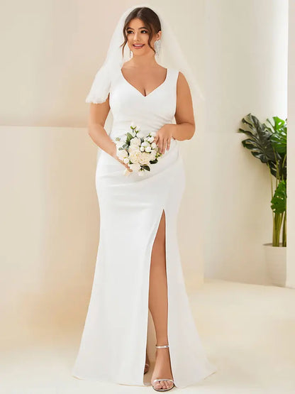 Plus V Neck Fishtail Sleeveless Split Wedding Dress