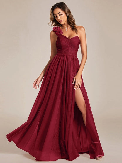 Backless One Shoulder Split Tulle Bridesmaid Dresses