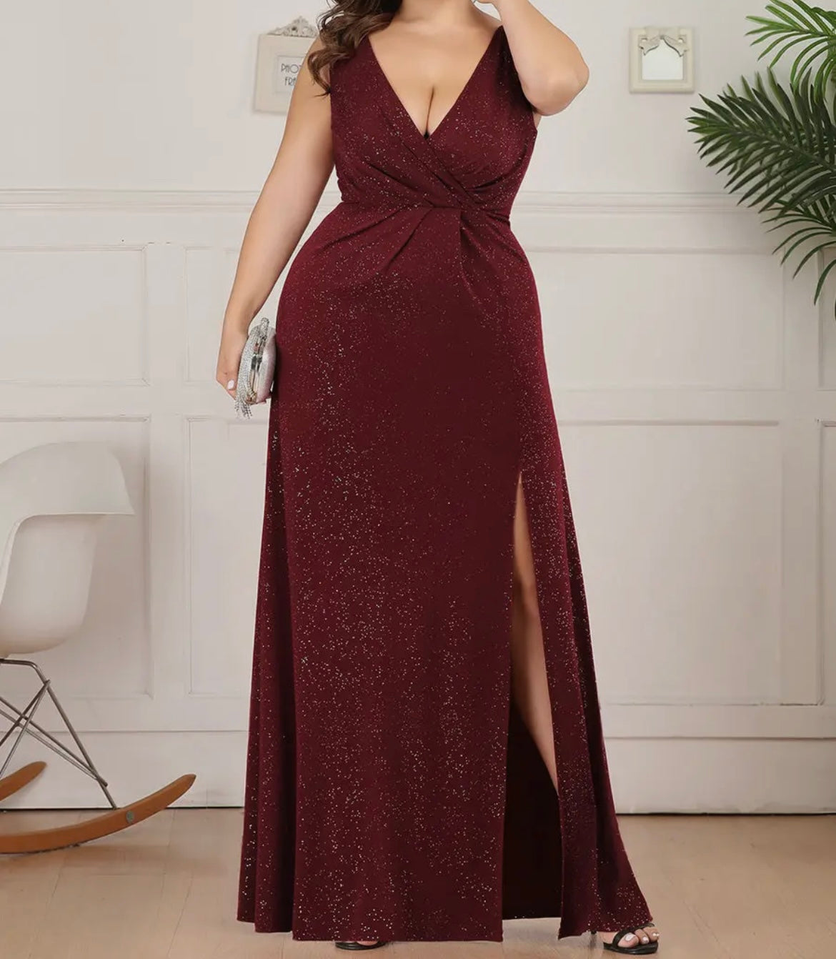 Plus Floor Length V Neck Shimmery Evening Dress Burgundy