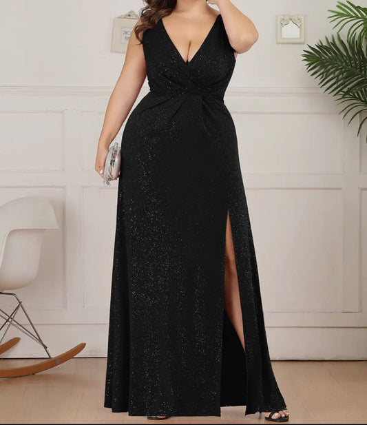 Plus Floor Length V Neck Shimmery Evening Dress- Black