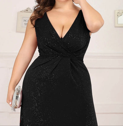 Plus Floor Length V Neck Shimmery Evening Dress- Black