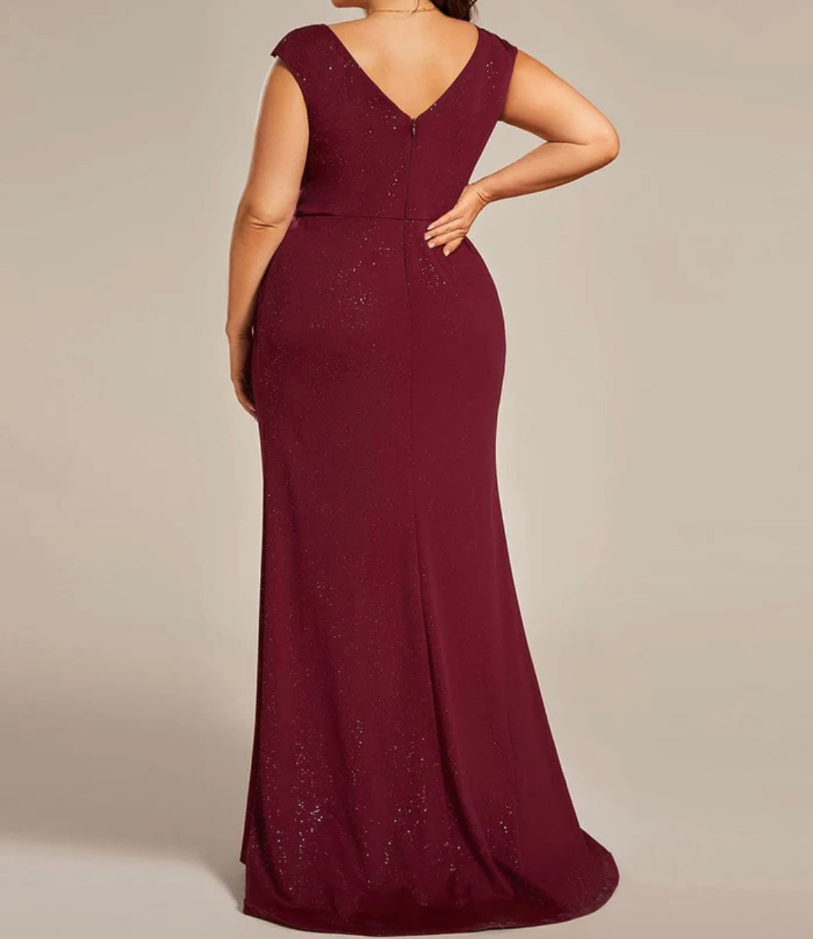 Plus Size Elegant V-neck Glitter Sequin Front Slit Mother of the Bride Dress Burgundy