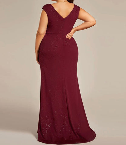 Plus Size Elegant V-neck Glitter Sequin Front Slit Mother of the Bride Dress Burgundy