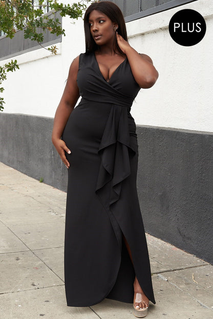 IXD9193SP PLEATED RUFFLE DETAIL PLUS SIZE MAXI DRESS- BLACK