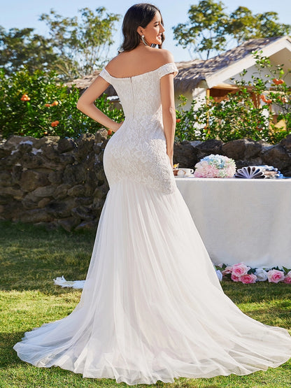 Elegant Fishtail Floor Length Off Shoulder Wedding Dress