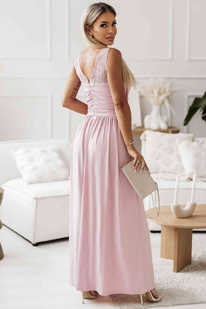 Surplice Neck Spliced Lace Split Maxi Dress